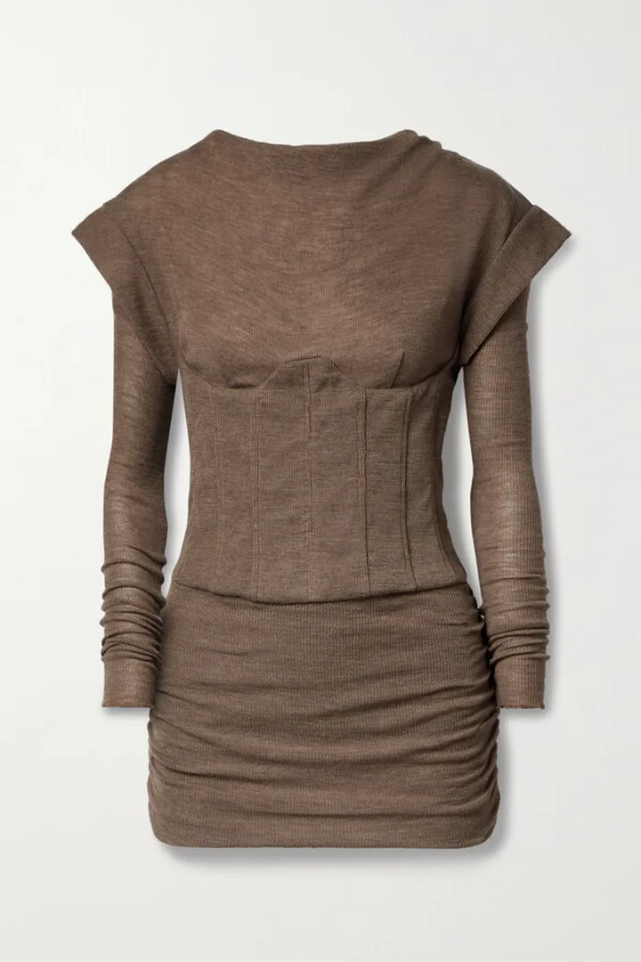 LaQuan Smith - Ruched Wool Mini Dress - Brown