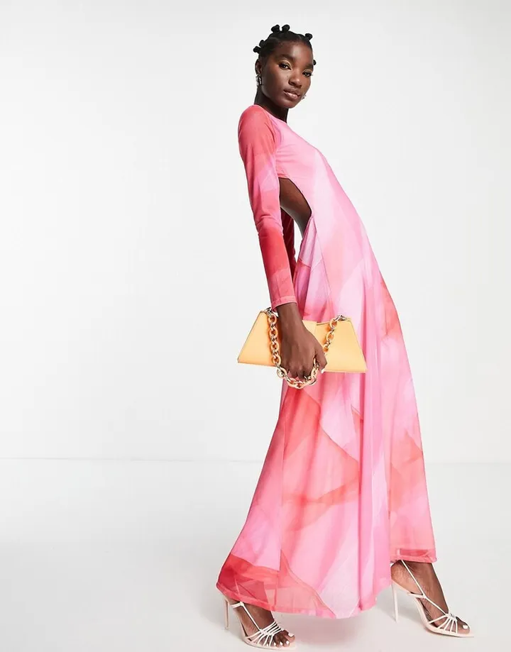 Topshop long sleeve maxi dress in pink and red watercolor mix