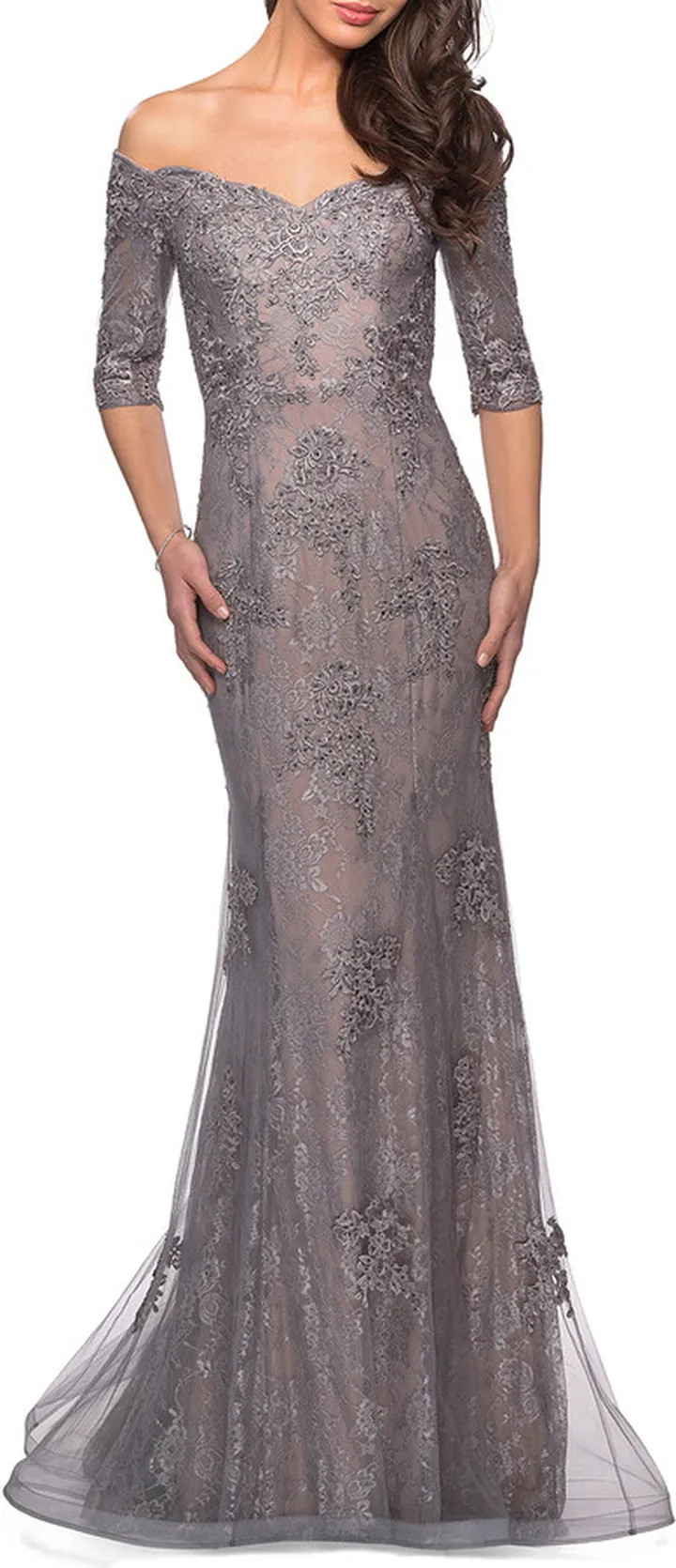 Scattered Lace Overlay Long Evening Gown