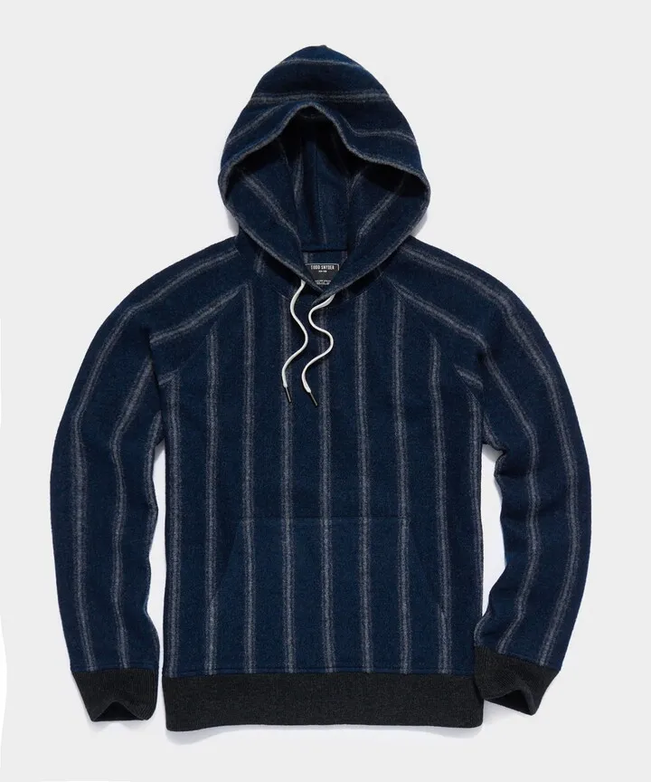Boucle Vertical Stripe Wool Pullover Hoodie in Original Navy