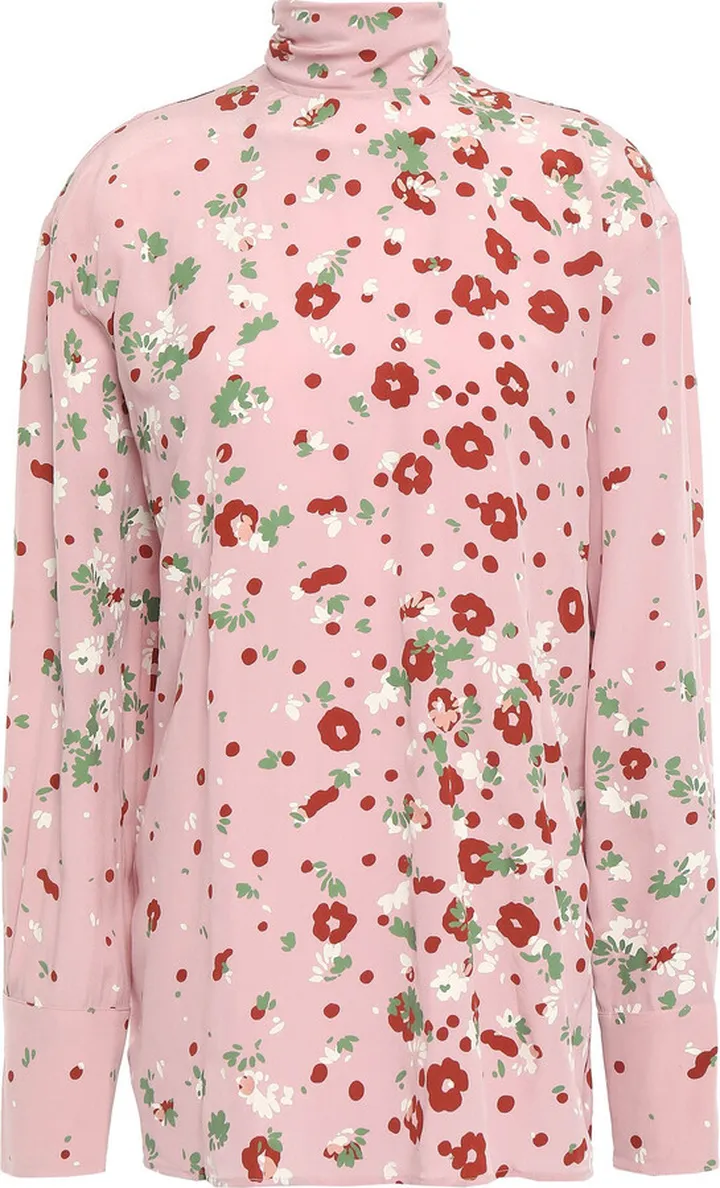 Tie-neck draped printed silk crepe de chine blouse