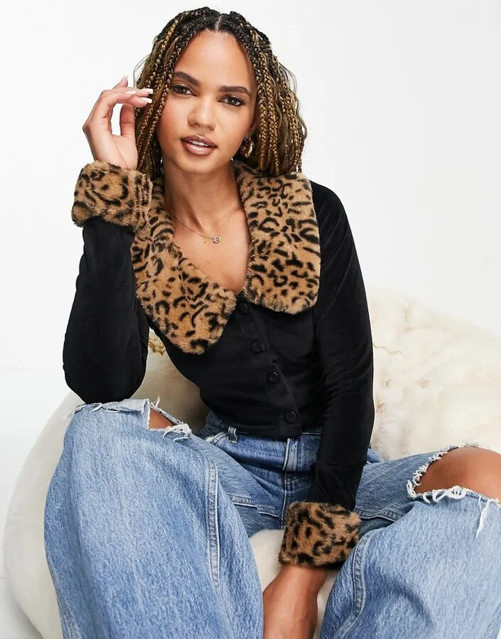 ASOS DESIGN faux animal fur collar cardigan in black