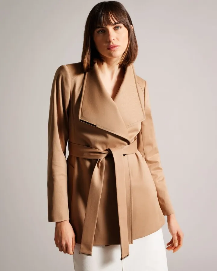 Short Wrap Trench Coat in Brown-Tan