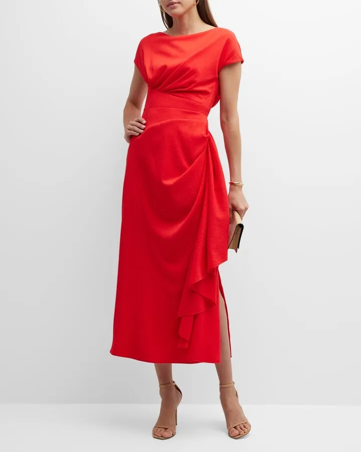 Side Ruched Satin-Effect Midi Dress