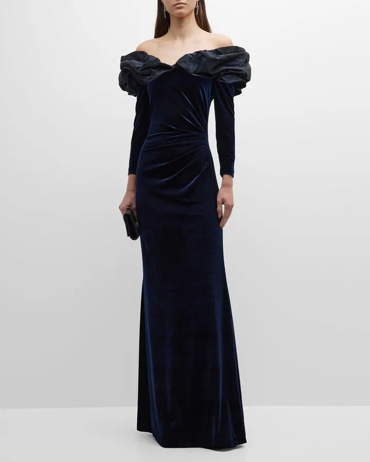 Off-Shoulder Ruched Velvet Gown