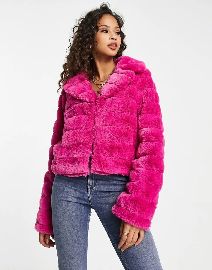 Miss Selfridge collar crop faux fur jacket in bright pink