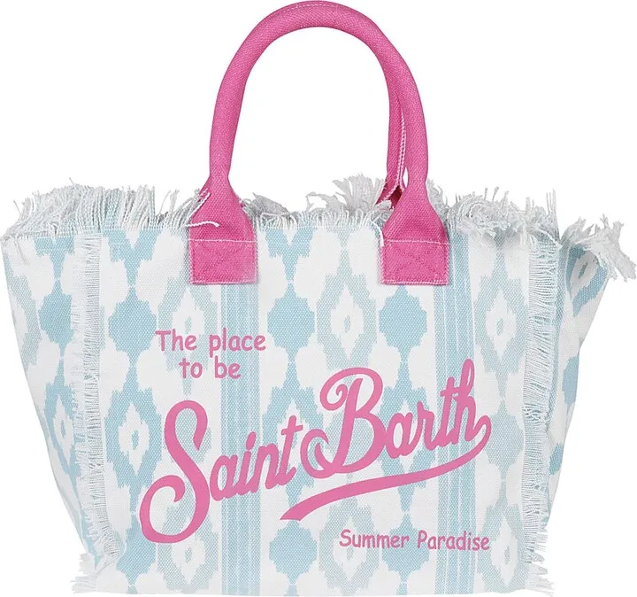 Bag with handles and zip closure Pocket inside Surrounded by fringe and decorated with an embroidered logo Colour: white