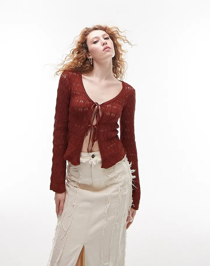 Topshop knit tie front crochet stitch cardigan in rust
