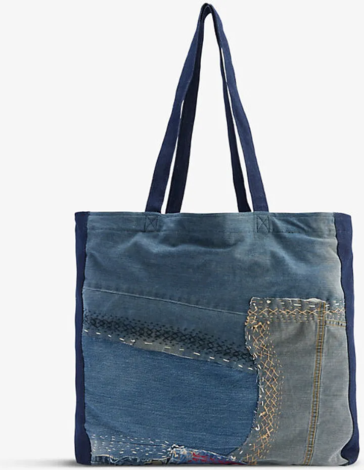 Womens Denim Patchwork-detail Denim Tote bag