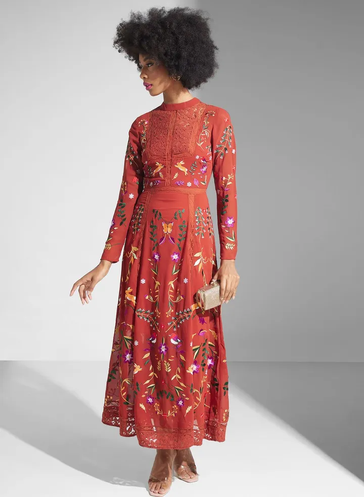 High Neck Floral Mesh Detail Dress
