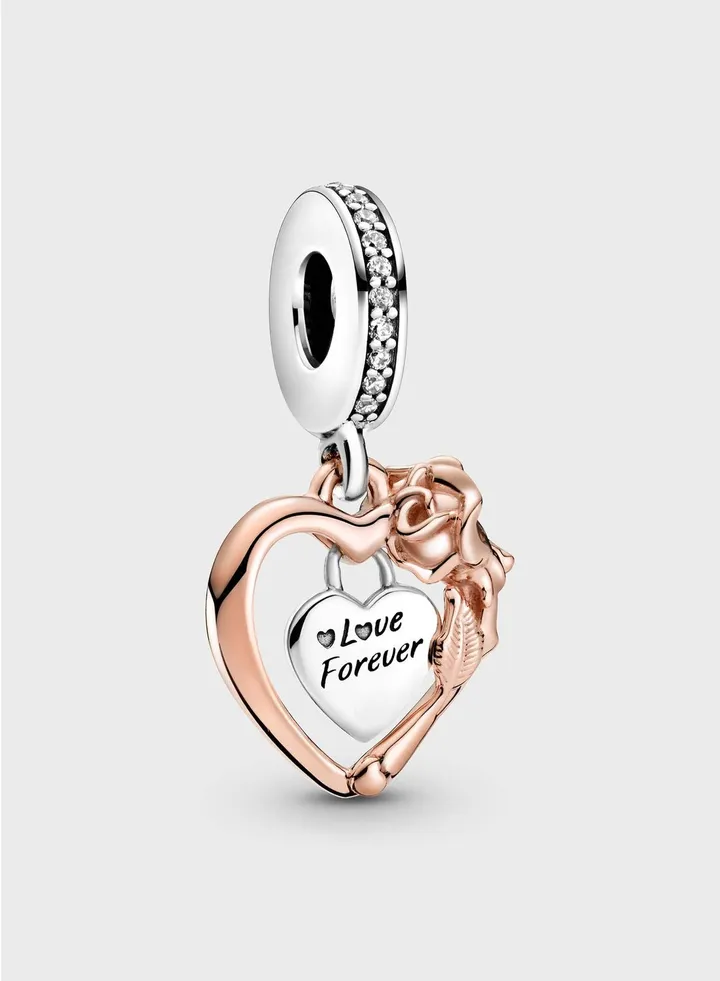 Heart & Rose Flower Dangle Charm