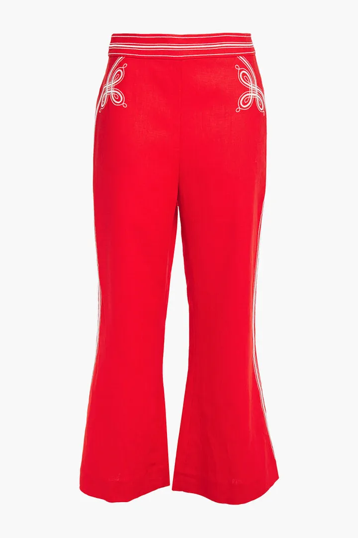 Embroidered linen kick-flare pants