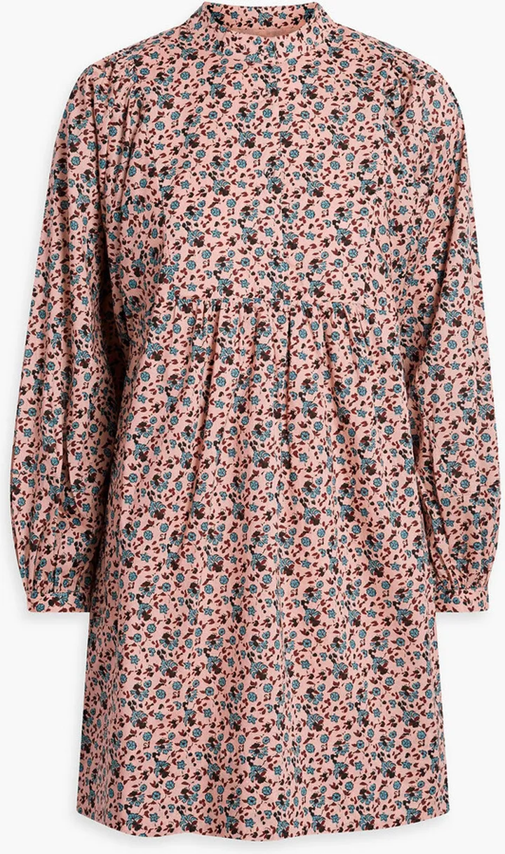 Gathered floral-print cotton mini dress
