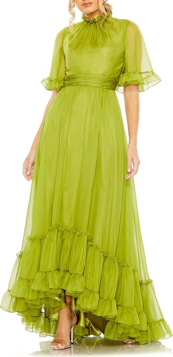 Ruffle High Neck Flutter Sleeve A-Line Gown