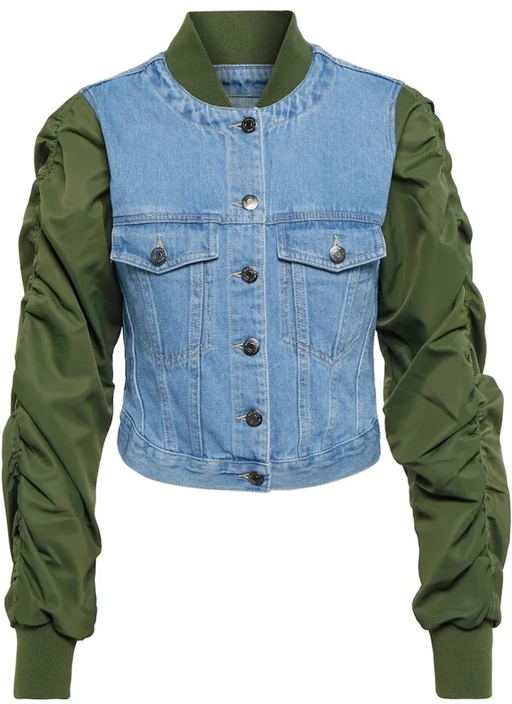 Emelia denim-paneled bomber jacket