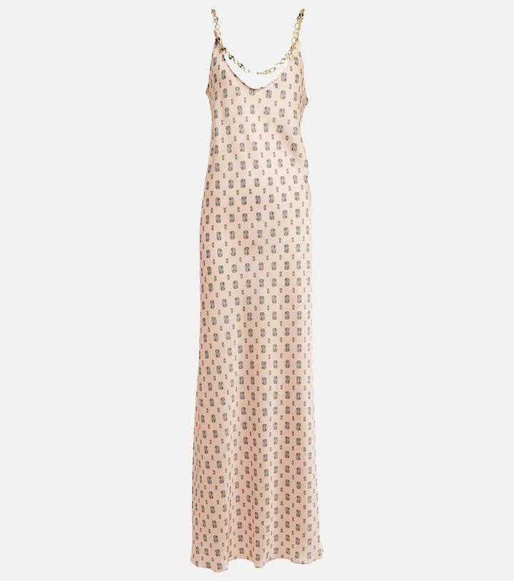 Chain-detail printed satin maxi dress