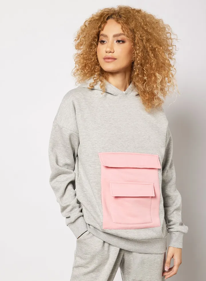 Contrast Pocket Hoodie Grey