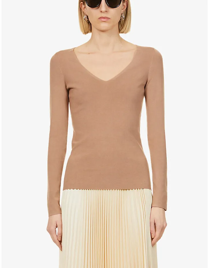 Womens Camel V-neck Silk-blend Jumper