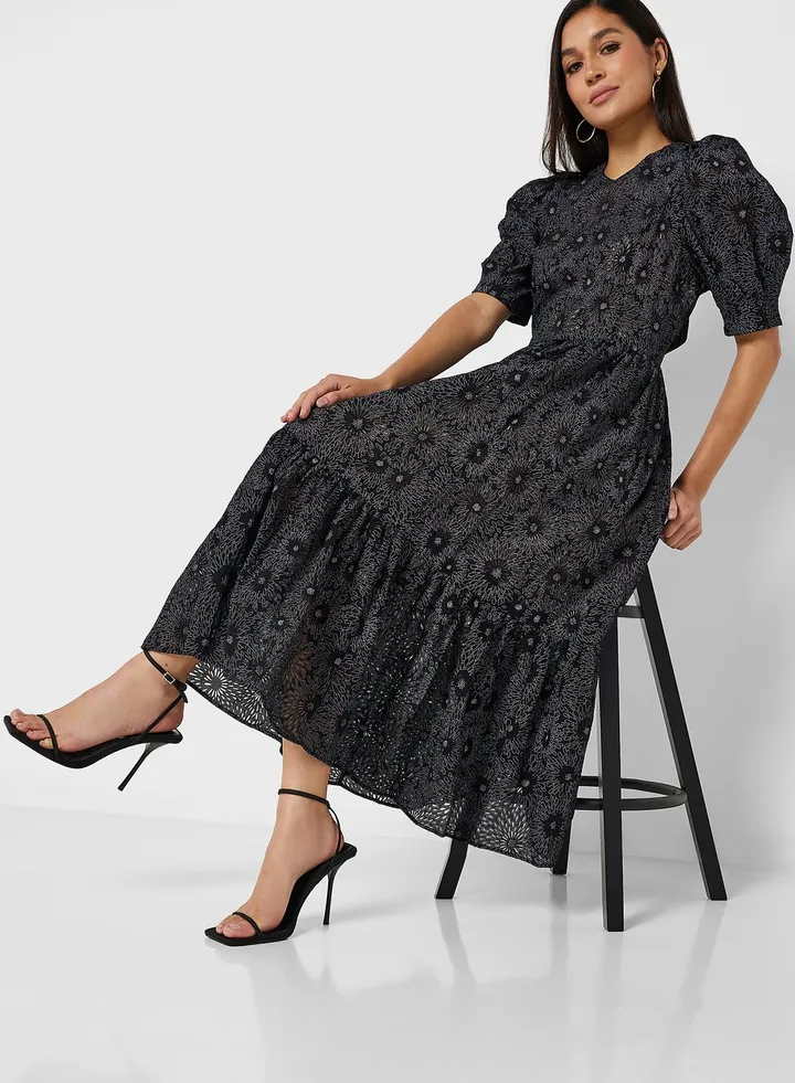 Puff Sleeve Floral Printed Tiered Dress