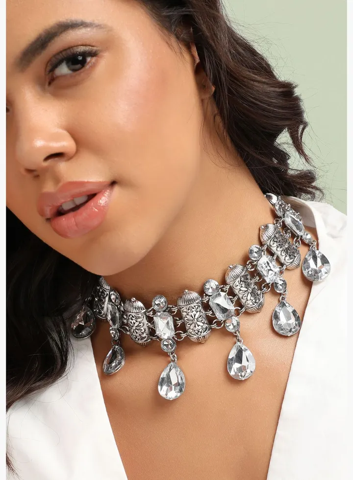 Silver Plated Designer Stone Party Wear Necklace For Women