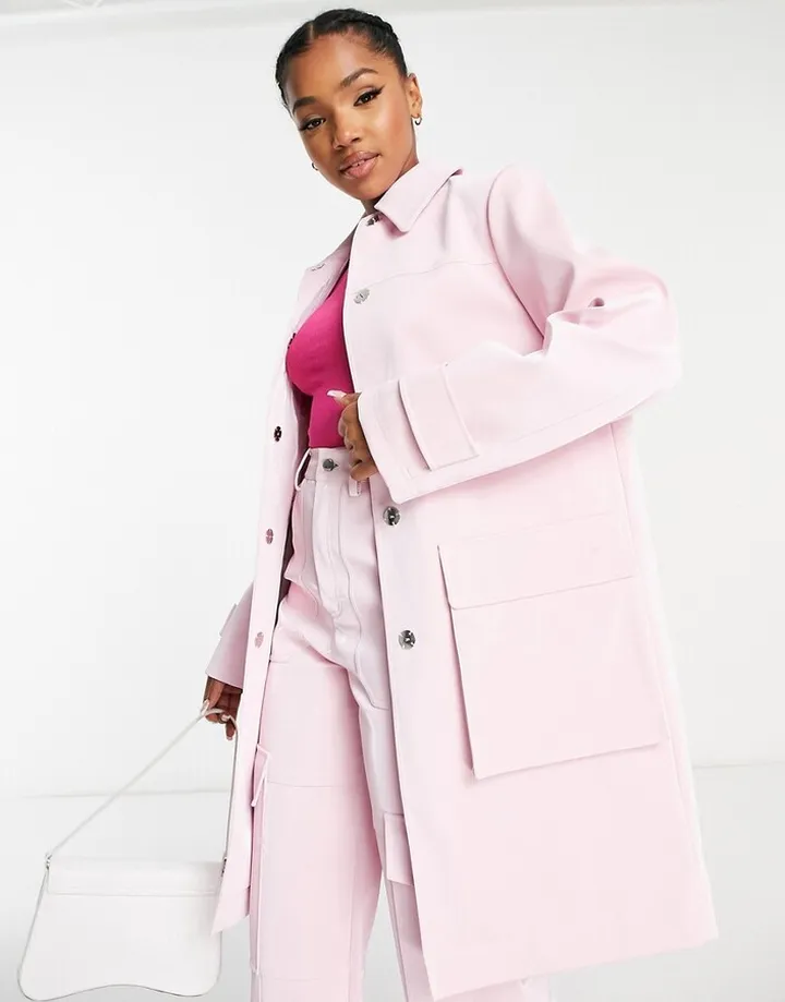 Miss Selfridge cargo pocket detail vinyl faux leather coat in pink - part of a set