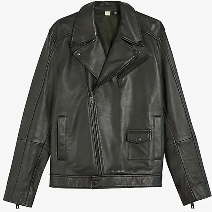 Mens Black Carve Oversized Leather Biker Jacket