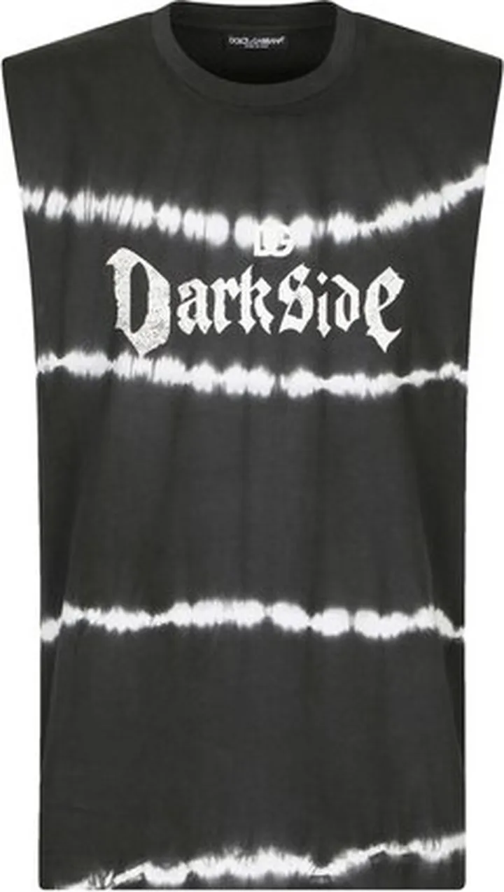 Sleeveless printed cotton T-shirt with patch