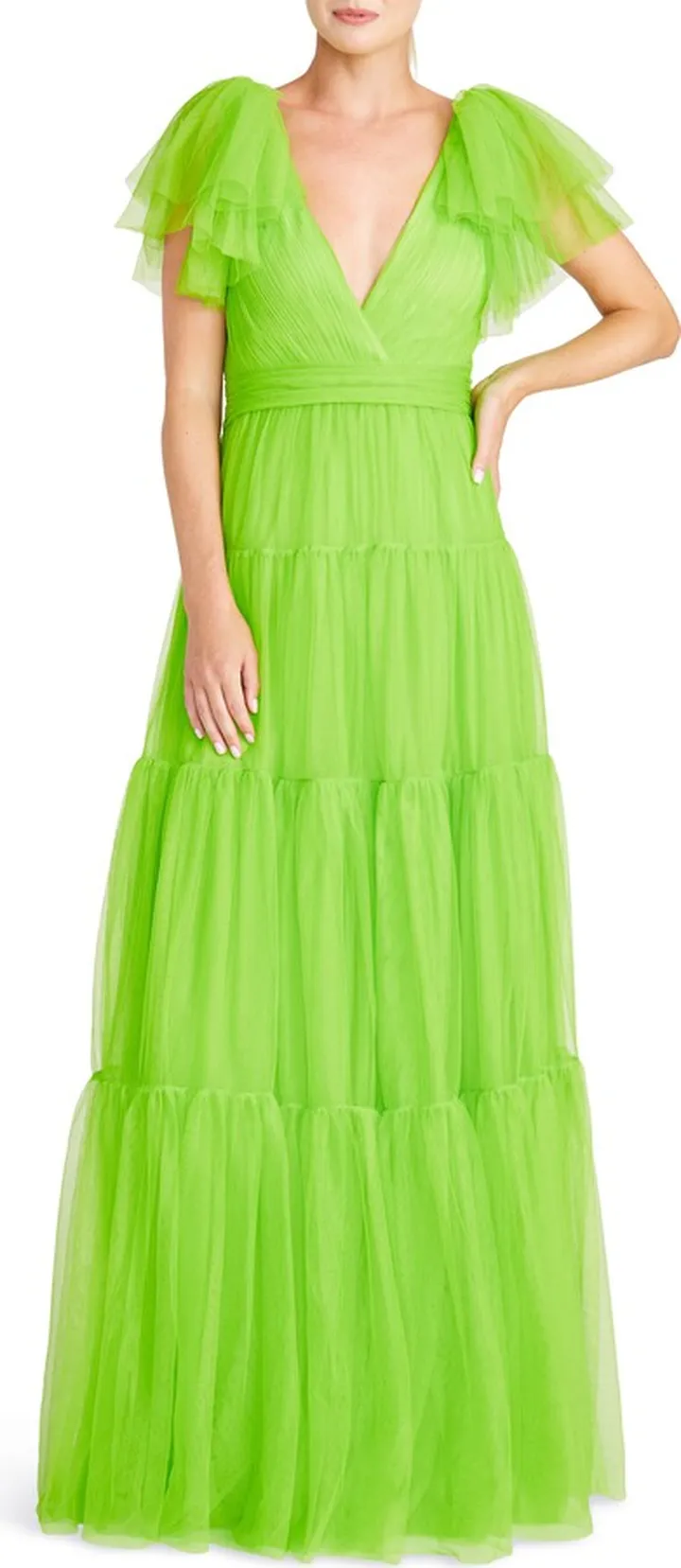 Flutter Sleeve Tiered Tulle Gown