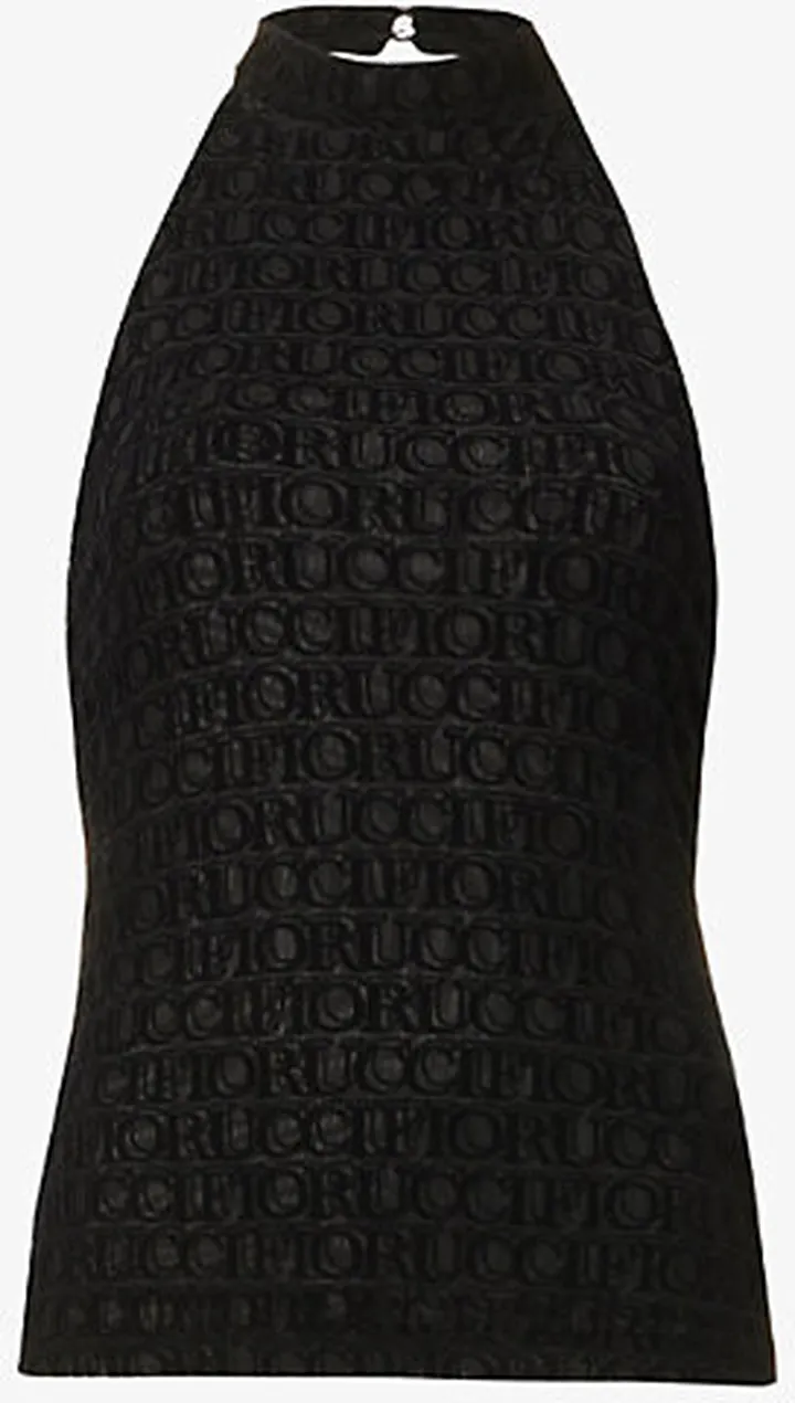Womens Black Monogram-pattern Halterneck Stretch-recycled Polyester top