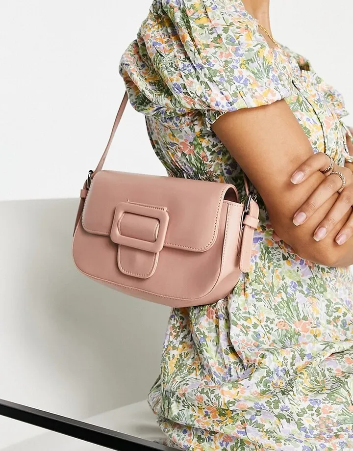 Glamorous shoulder bag with tonal buckle in pink PU