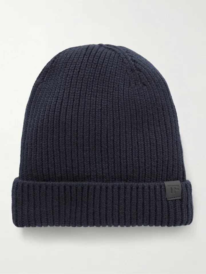 Leather-Trimmed Ribbed Cashmere Beanie