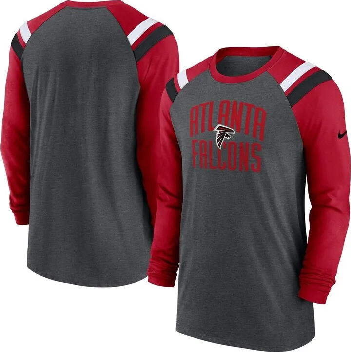 Men's Nike Heathered Charcoal and Red Atlanta Falcons Tri-Blend Raglan Athletic Long Sleeve Fashion T-shirt