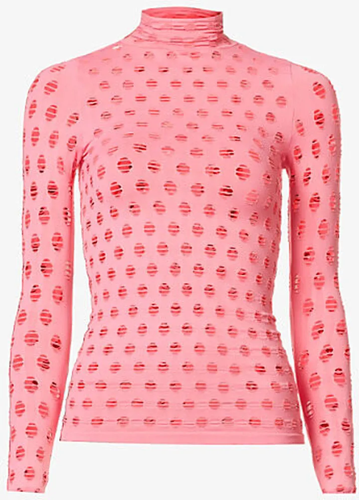 Womens Pink Perforated Turtleneck Stretch-woven top