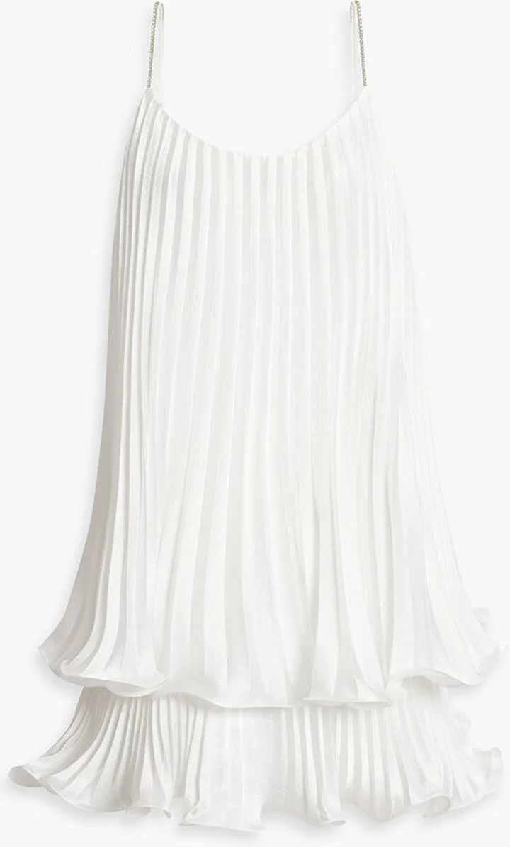 Tiered plissé hammered-satin mini dress
