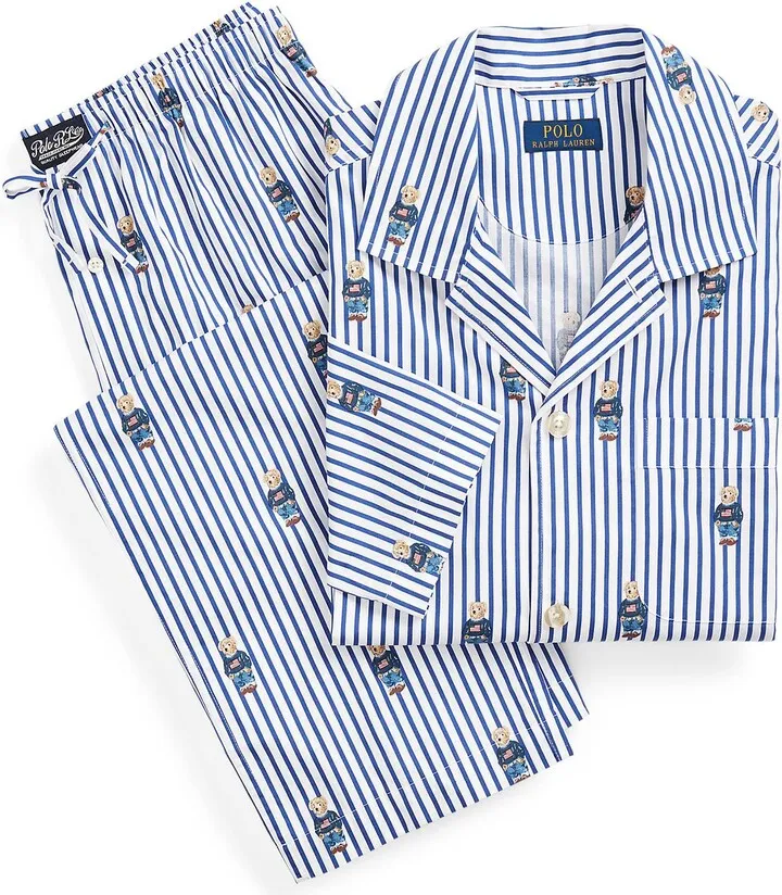 Polo Bear Striped Cotton Pajama Set Sleepwear White