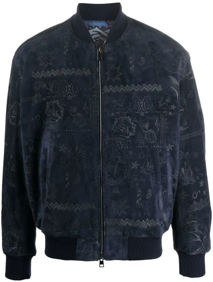 Tattoo-print suede bomber jacket