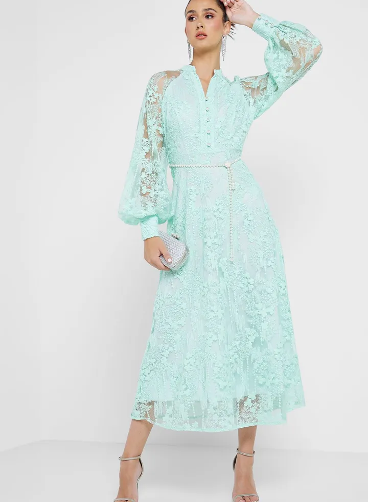 Balloon Sleeve Lace Detail Dress