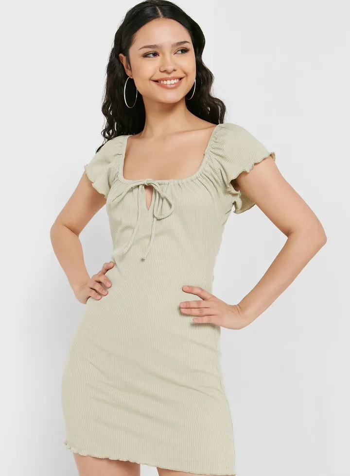 Ribbed Dress Tie Detail Dress