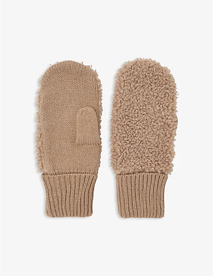 Womens Tan Borg-panel Knitted Mittens
