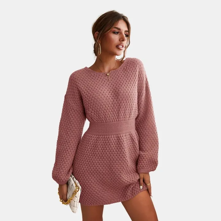 Women's Honeycomb Knit Long Sleeve Mini Dress -Cupshe-XS-Pink
