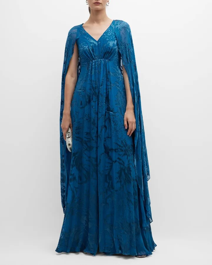 Burnout Cape-Sleeve Silk Gown