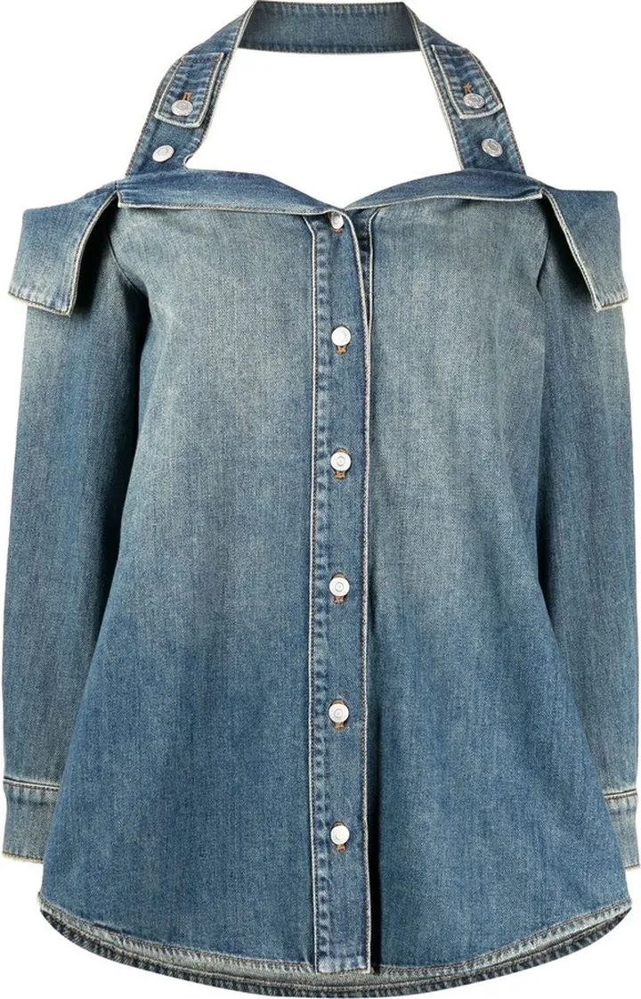 Halterneck Off-Shoulder Denim Shirt