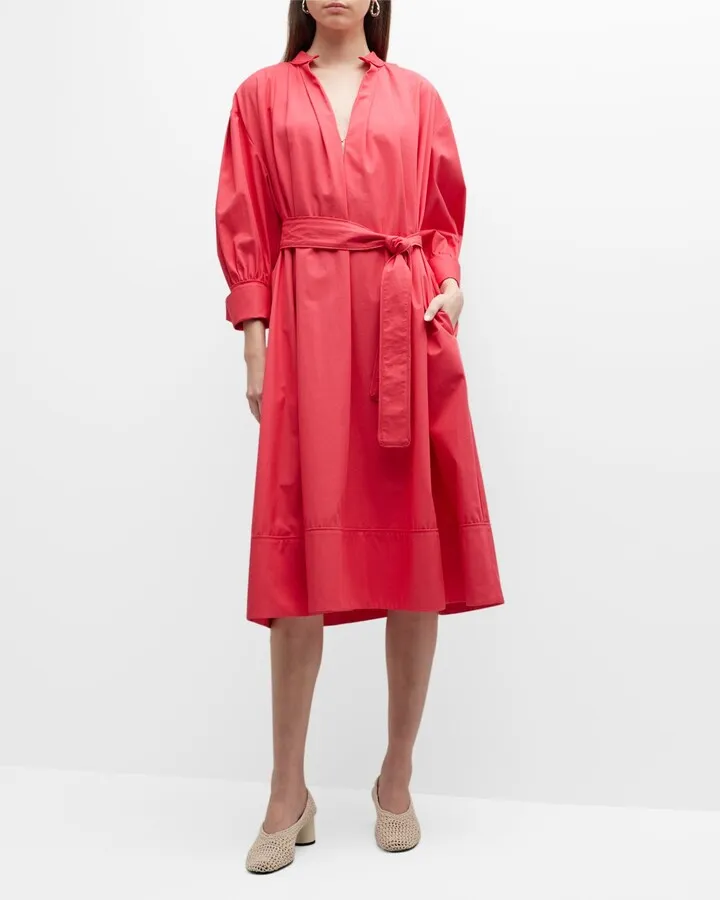 Shoulder-Tuck Belted Midi Shirtdress