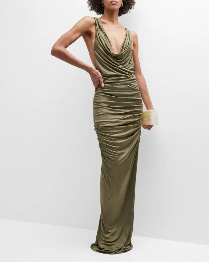 Ina Metallic Ruched Cowl-Neck Maxi Dress