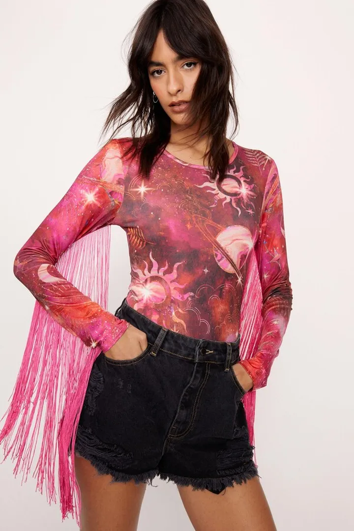 Nasty Gal Womens Celestial Print Fringe Sleeve Bodysuit