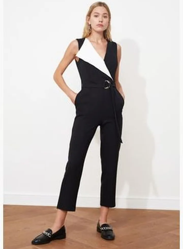 Black Lace-Up Detailed Woven Jumpsuit