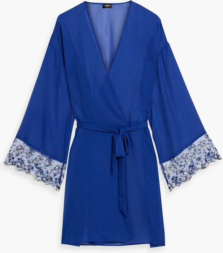 Belted lace-trimmed chiffon robe