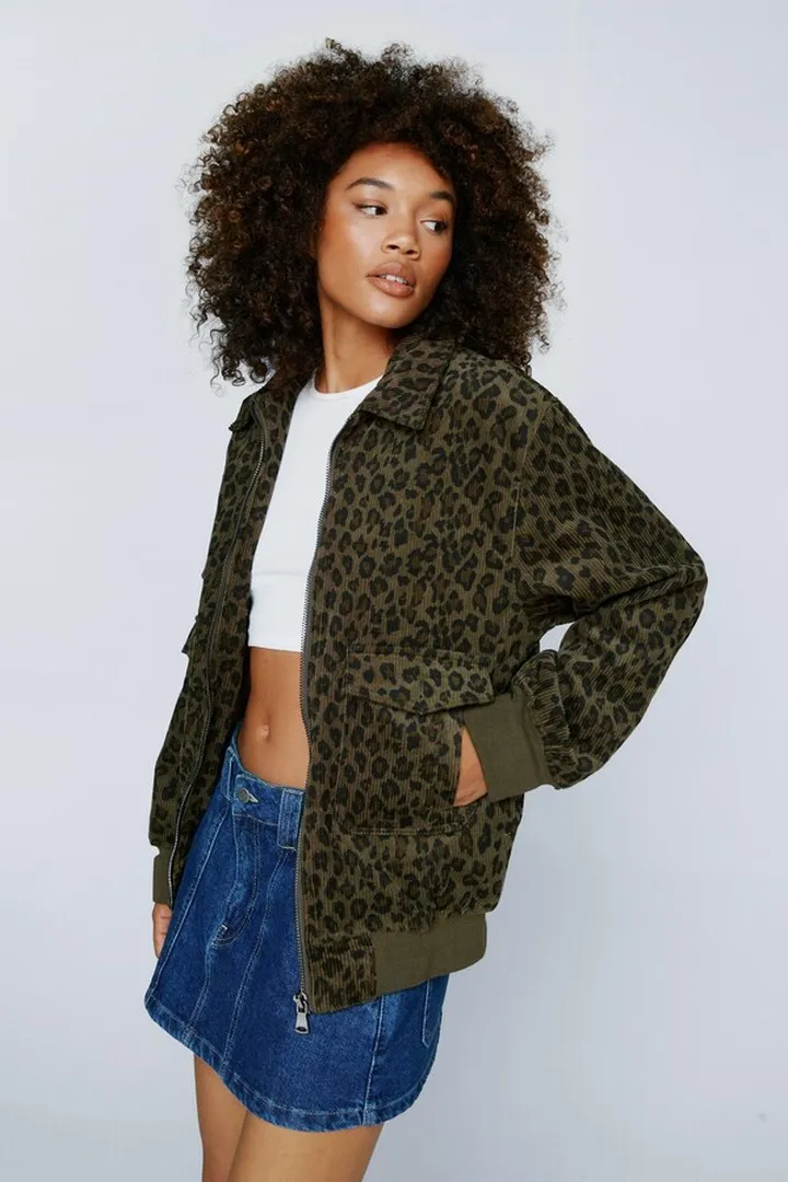 Nasty Gal Womens Premium Cord Animal Print Bomber Jacket
