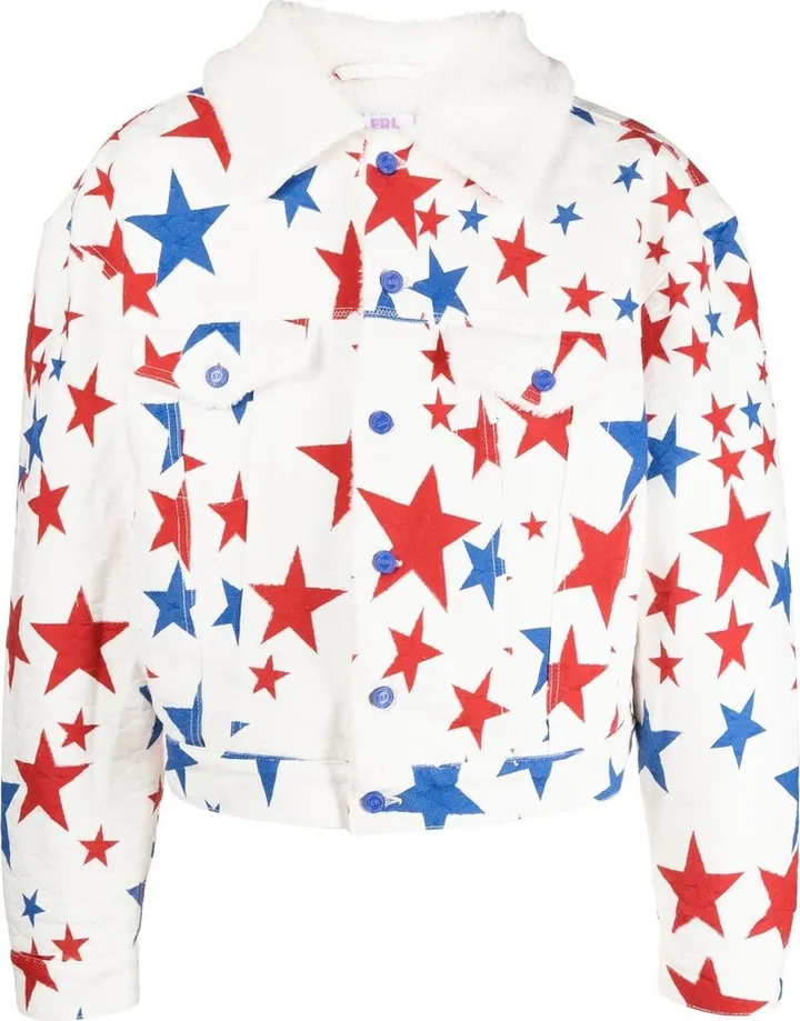 Star Print Faux-Fur Collar Denim Jacket
