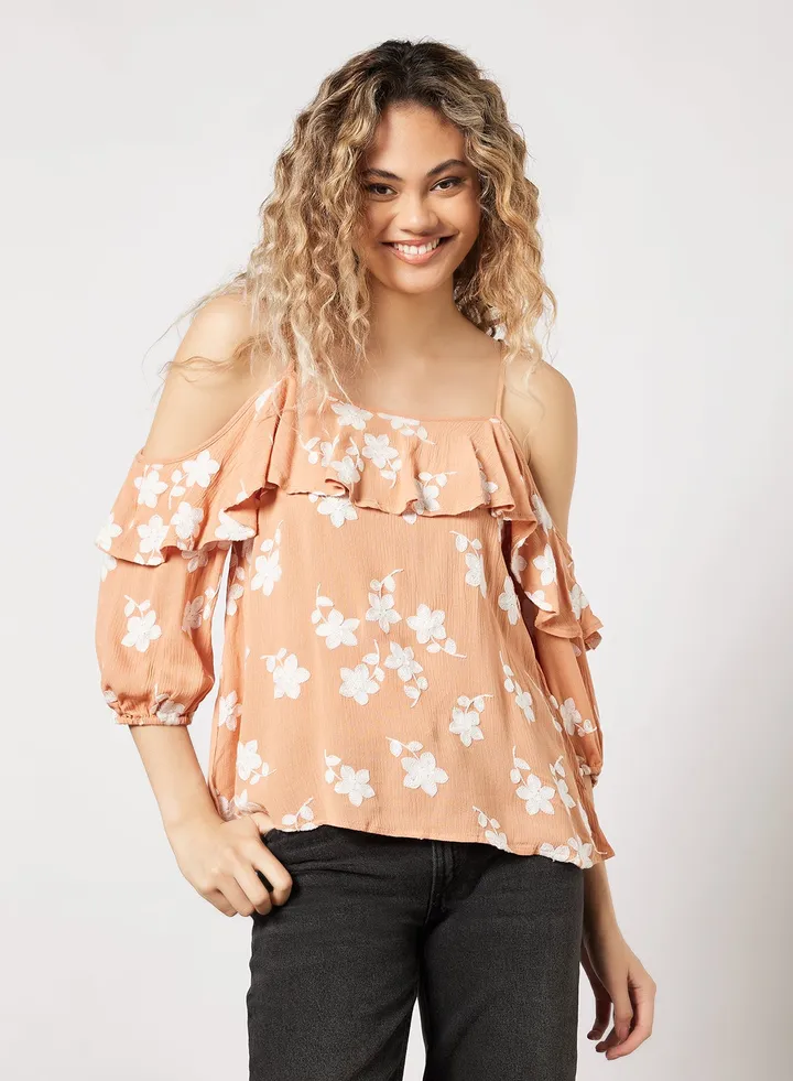 Off Shoulder Neck Printed Top Beige/White